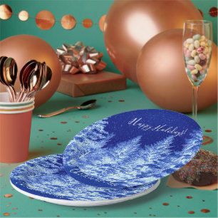 Neon Blue Christmas Tree Paper Plate