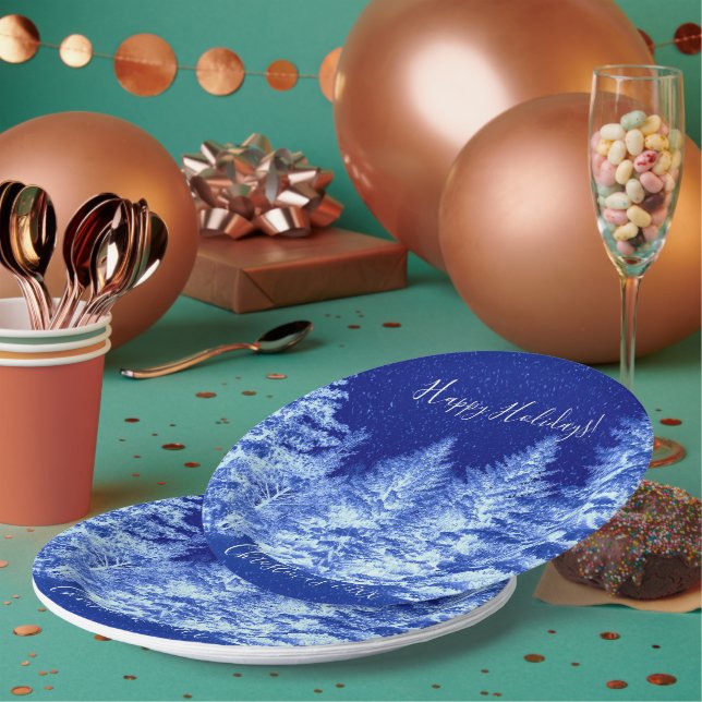 Neon Blue Christmas Tree Paper Plate (Multi)