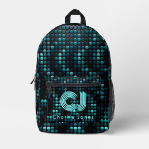 Neon Blue Digital Cyber Grid Custom Monogram  Printed Backpack