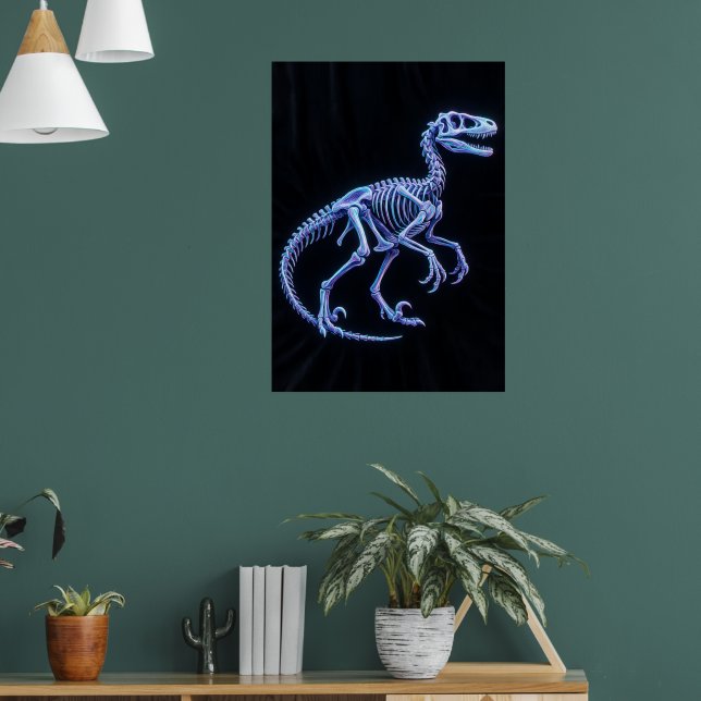 Neon Blue Dinosaur Skeleton Art Poster | Velocirap (Living Room 1)