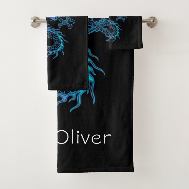 Neon Blue Dragon Bath Towel Set (Insitu)