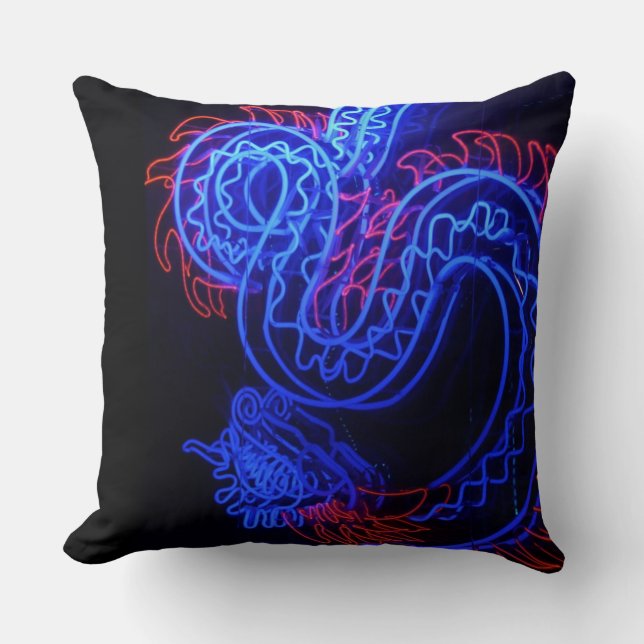 Neon Blue Dragon Black Background Bright Cushion (Front)