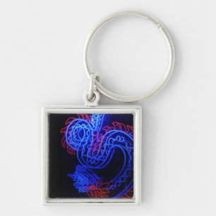 Neon Blue Dragon Black Background Bright Key Ring