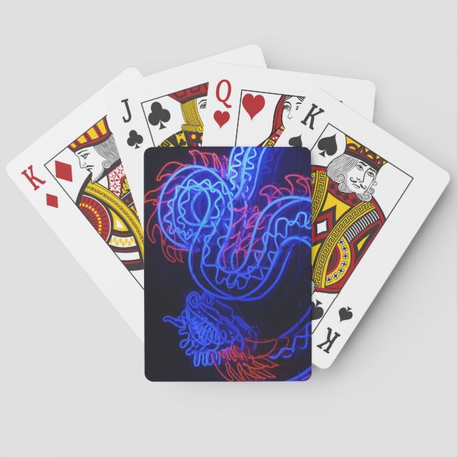Neon Blue Dragon Black Background Bright Playing Cards (Back)