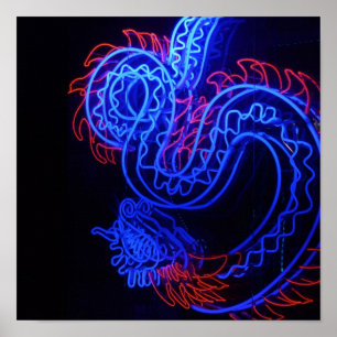 Neon Blue Dragon Black Background Bright Poster