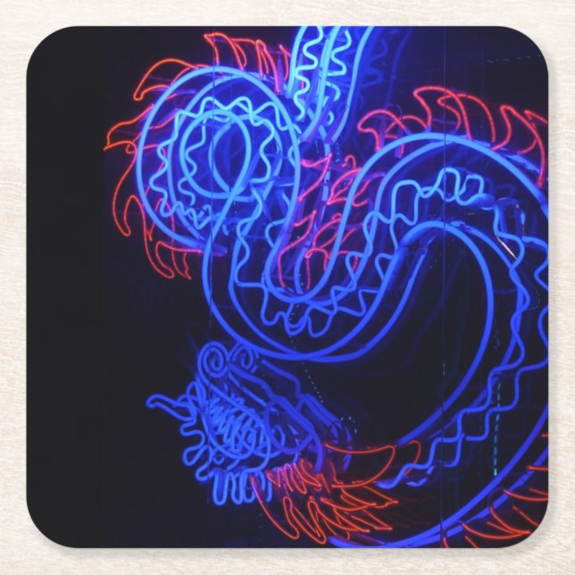 Neon Blue Dragon Black Background Bright Square Paper Coaster (Front)