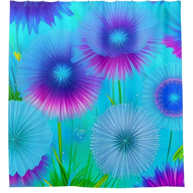 Neon Blue Floral Shower Curtain (Front)