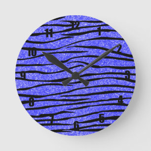 Neon blue glitter zebra stripes round clock