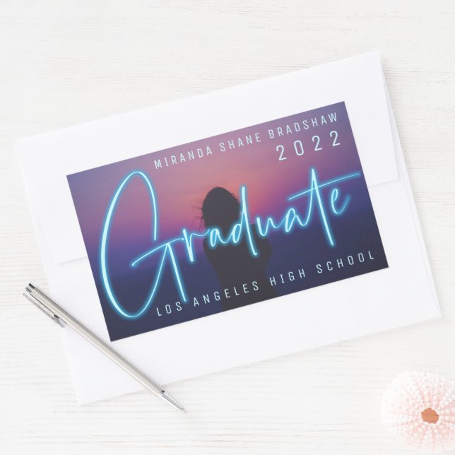 Neon Blue Graduate Photo Rectangular Sticker (Envelope)