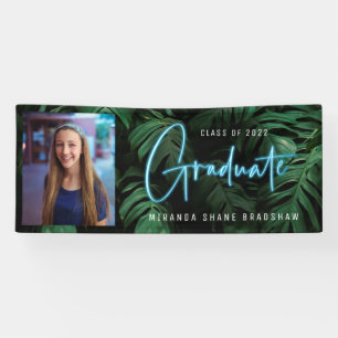 Neon Blue Graduate Tropical Leaves Photo Banner
