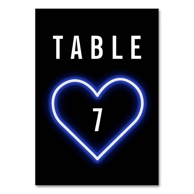 Neon Blue Heart Wedding Table Number (Front)