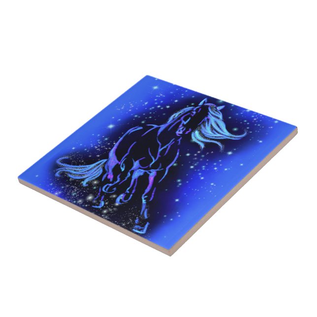 Neon Blue Horse Running At Moonlight Starry Night  Ceramic Tile (Side)