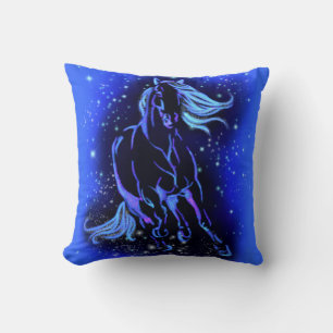 Neon Blue Horse Running At Moonlight Starry Night  Cushion