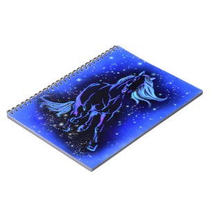 Neon Blue Horse Running At Moonlight Starry Night  Notebook