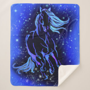 Neon Blue Horse Running At Moonlight Starry Night  Sherpa Blanket