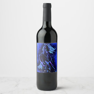 Neon Blue Horse Running At Moonlight Starry Night Wine Label