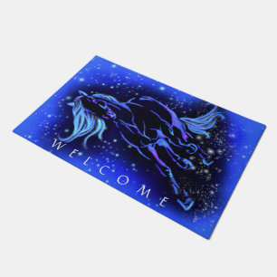Neon Blue Horse Running At Starry Night - Welcome  Doormat