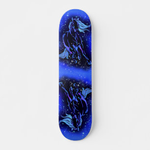 Neon Blue Horses Running At Moonlight Starry Night Skateboard