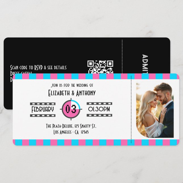 Neon Blue, Hot Pink, and Black Cinema Ticket Invitation (Front/Back)