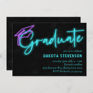 Neon Blue Light Glow Modern Retro Graduation Invitation