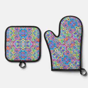 Neon Blue, Lime, Purple & Orange Swirl Pattern Oven Mitt & Pot Holder Set