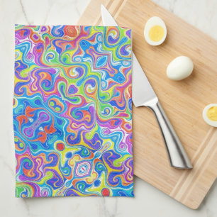 Neon Blue, Lime, Purple & Orange Swirl Pattern Tea Towel