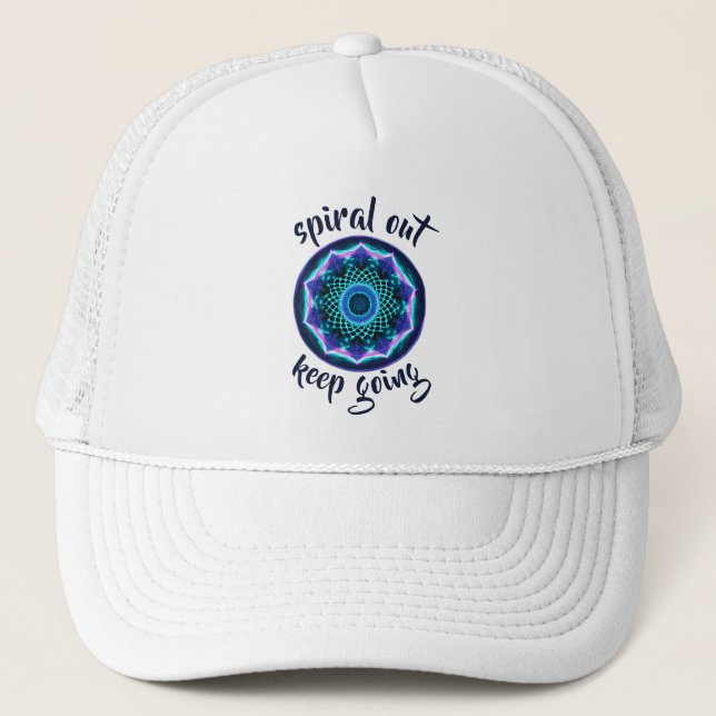 Neon Blue Mandala & Stoic Quote Design Trucker Hat (Front)