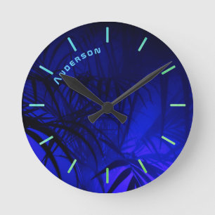 Neon BLUE PALM Leaf Personalised Wall Round Clock
