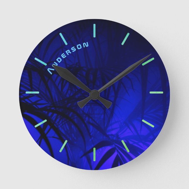 Neon BLUE PALM Leaf Personalised Wall Round Clock (Front)