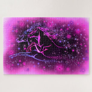 Neon Blue Pink Pair Horses Running Jigsaw Puzzle