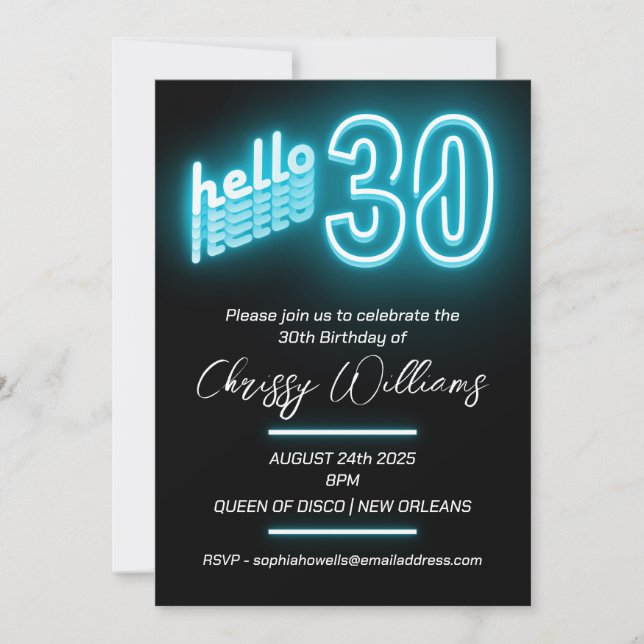 Neon blue retro glow 30th Birthday Party Invitation (Front)