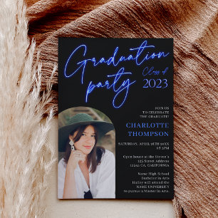 Neon blue sign script fun graduation photo arch invitation