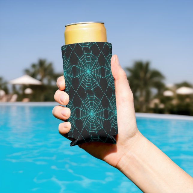 Neon blue spiderweb black seltzer can cooler (In Situ Pool)