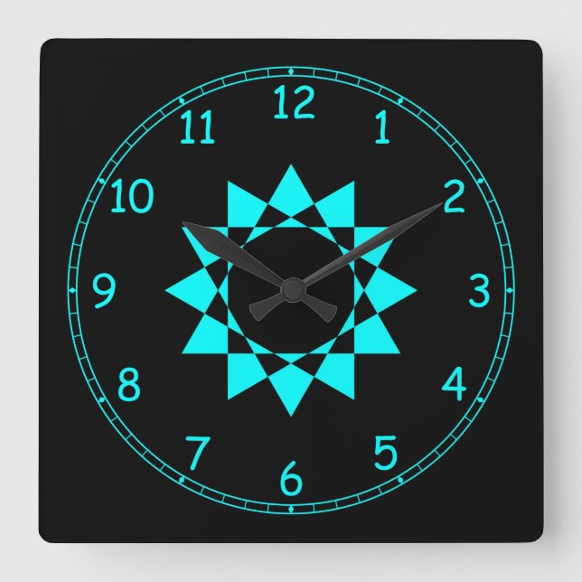 Neon Blue w/Star and Fun Frame Square Wall Clock (Front)