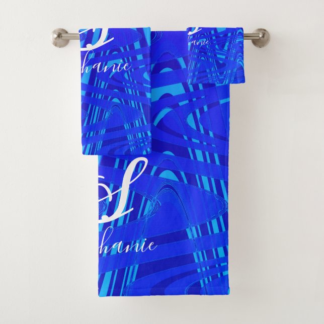 Neon Blue Wave Abstract Monogram Initials Nautical Bath Towel Set (Insitu)