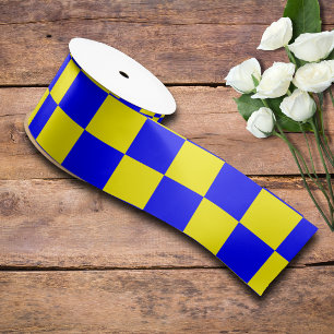 Neon Blue Yellow Chequered Chequerboard Vintage Satin Ribbon