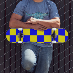 Neon Blue Yellow Chequered Chequerboard Vintage Skateboard