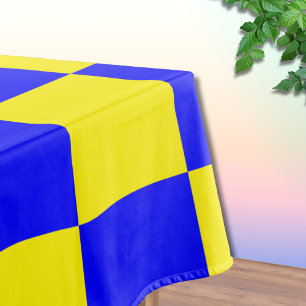 Neon Blue Yellow Chequered Chequerboard Vintage Tablecloth