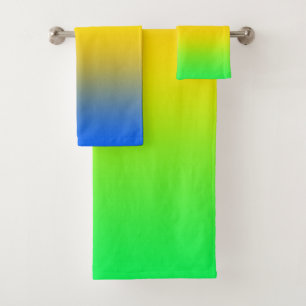 Neon blue, yellow, green gradient, ombre. Bath Towel Set