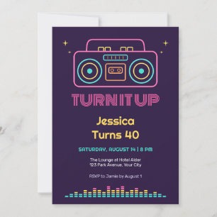 Neon Boombox Retro 40th Birthday Invitation