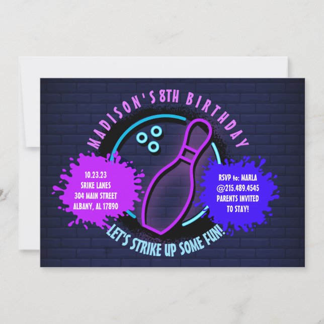 NEON BOWLING BALL ROUND Birthday Party Invitation (Front)