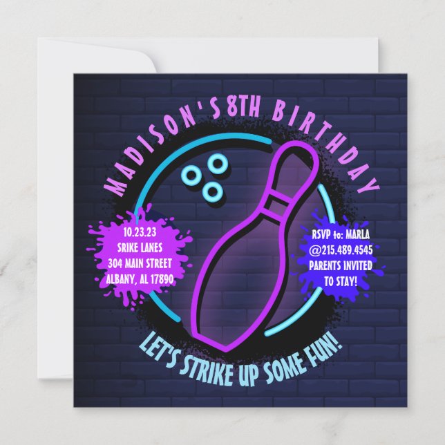 NEON BOWLING BALL ROUND Birthday Party Invitation (Front)