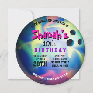 NEON BOWLING BALL ROUND Birthday Party Invitation