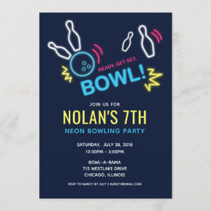 Neon Bowling Birthday Party Invitation