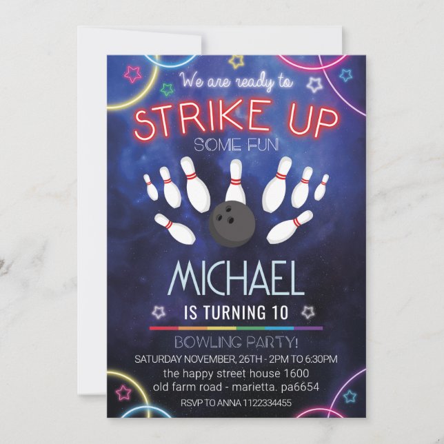 Neon Bowling Invitation for Birthday Party Retro (Front)