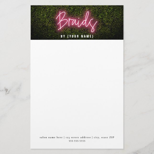 Neon Boxwood Hair Salon Professional Braids Stationery (Front)
