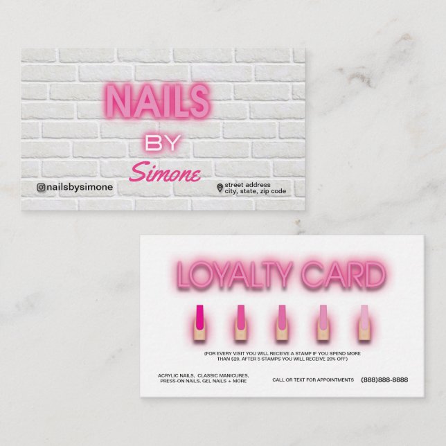 Neon & Brick Background Nail Artist Business Card (Front/Back)