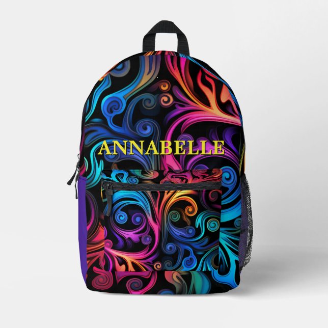 Neon Bright Colour Swirls Monogram Printed Backpac Printed Backpack (Front)