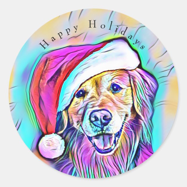 Neon Bright Colours Christmas Golden Retriever Art Classic Round Sticker (Front)