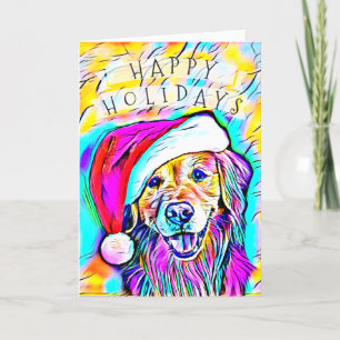 Neon Bright Colours Christmas Golden Retriever Art Holiday Card
